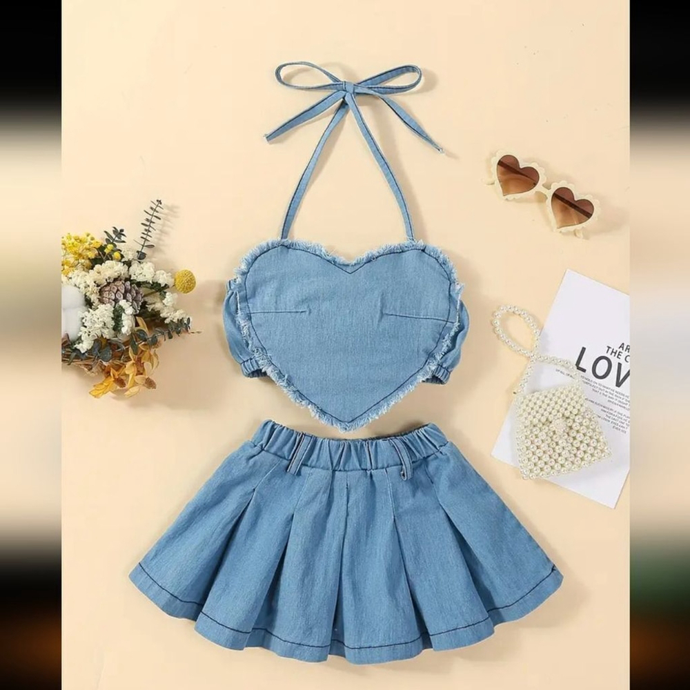 Adorable Denim Heart Halter Top and Skirt Set for Girls Summer Beach Outfit‎
